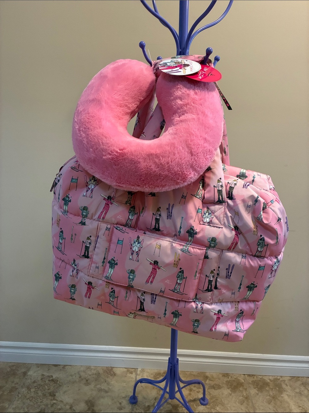 Betsey Johnson Pink Ski Print Travel Duffel with Plush Pink Neck Pillow NEW bag